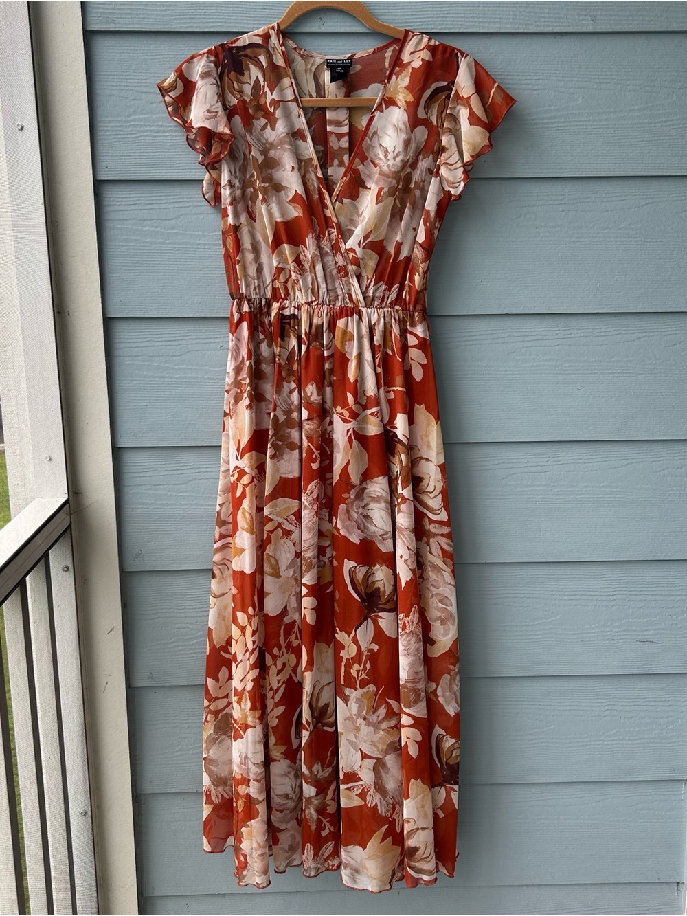 Floral Wrap Petite Midi Dress in Rust Orange with Ruffle Sleeve